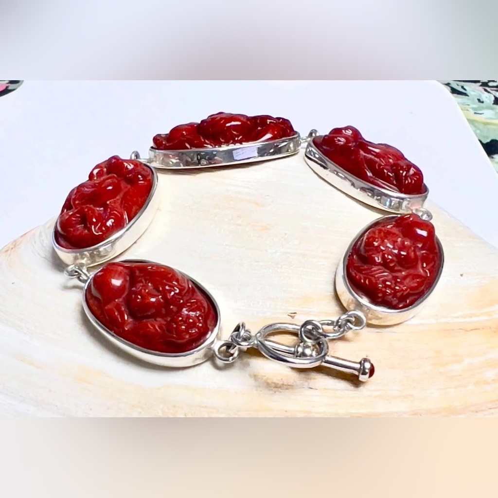 Gorgeous~ Sterling Large Carved Coral Link Bracelet- Cherubs & Eagles
